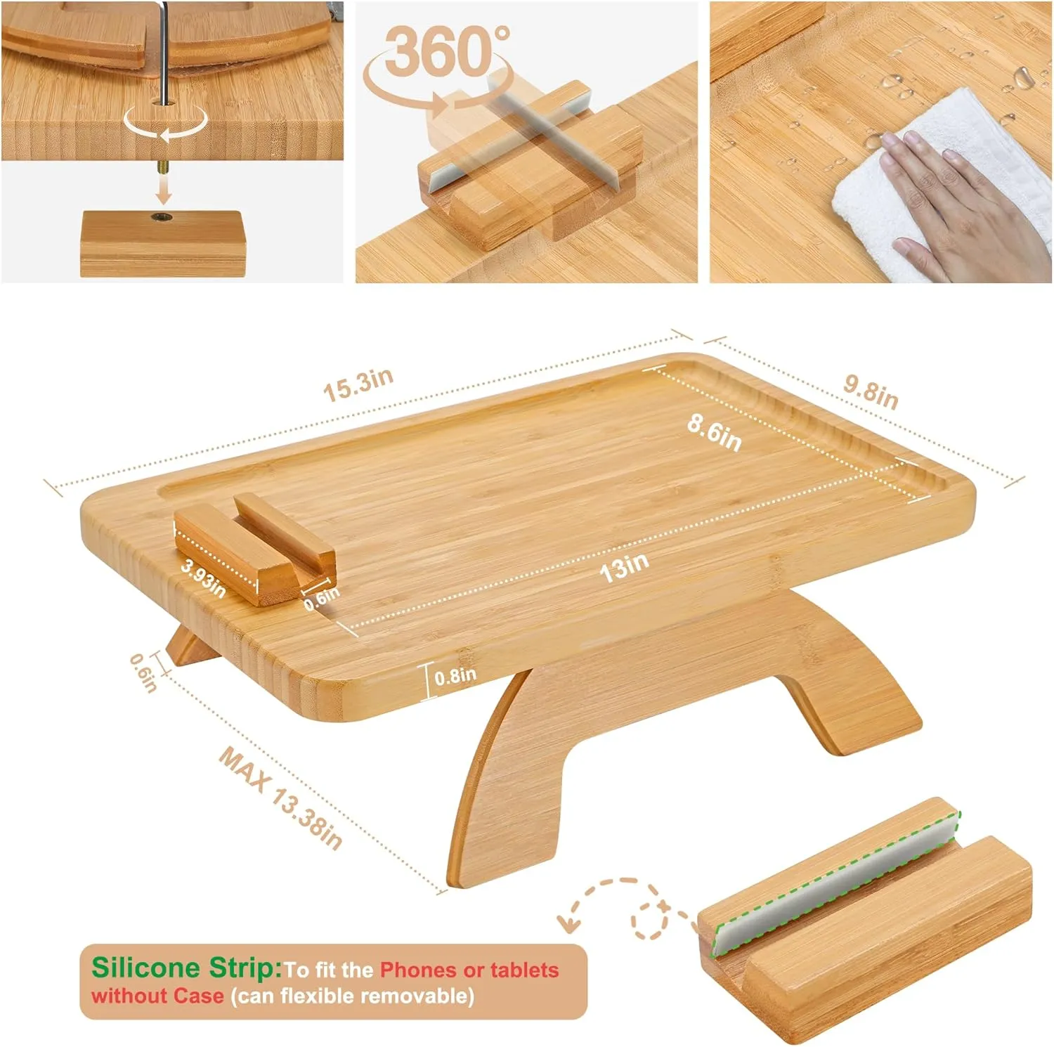 Couch Arm Tray,Bamboo Sofa Clip on Side Table,Foldable Couch Armrest Table with 360° Phone Holder,Food Trays for Eating/Drinks/Snacks/Remote