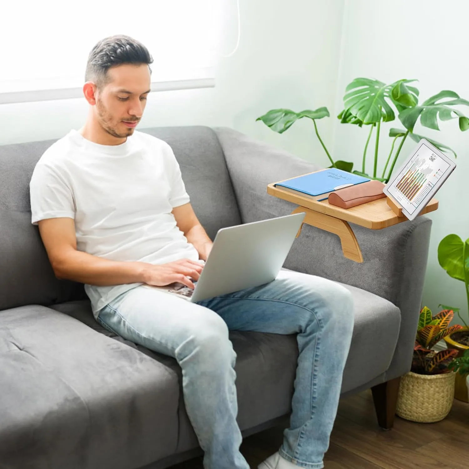 Couch Arm Tray,Bamboo Sofa Clip on Side Table,Foldable Couch Armrest Table with 360° Phone Holder,Food Trays for Eating/Drinks/Snacks/Remote