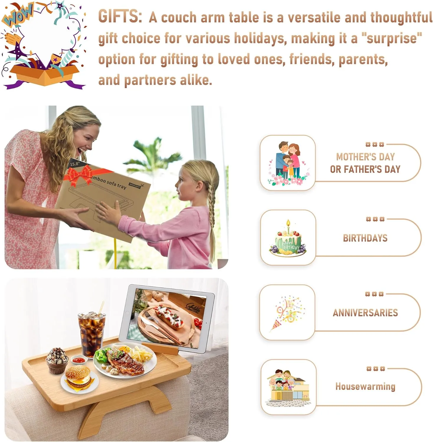 Couch Arm Tray,Bamboo Sofa Clip on Side Table,Foldable Couch Armrest Table with 360° Phone Holder,Food Trays for Eating/Drinks/Snacks/Remote