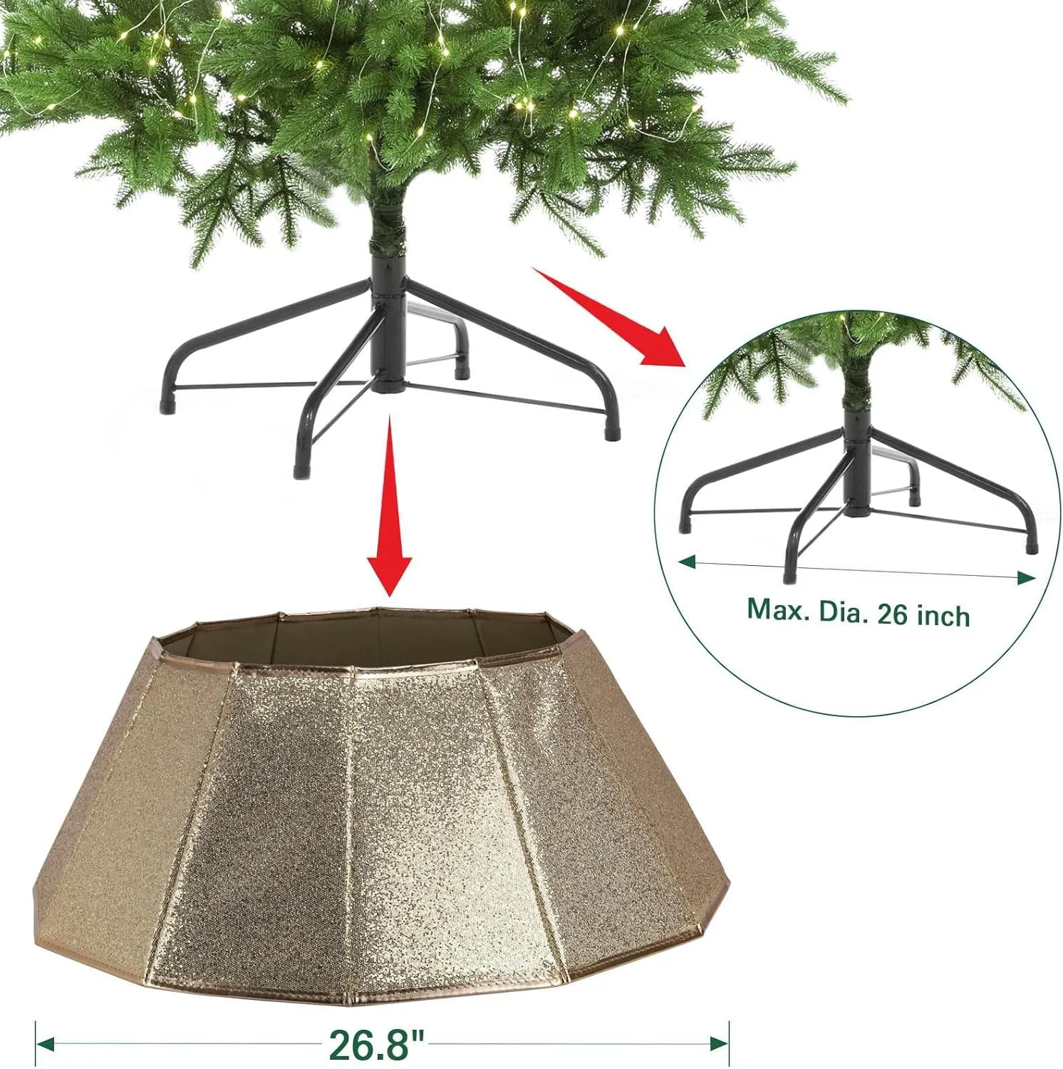 Dazzling Christmas Tree Collar - 26" D Crystal Base Cover, Foldable Ring, Handmade Skirt for Xmas Decoration (Rose Gold, Diamond)
