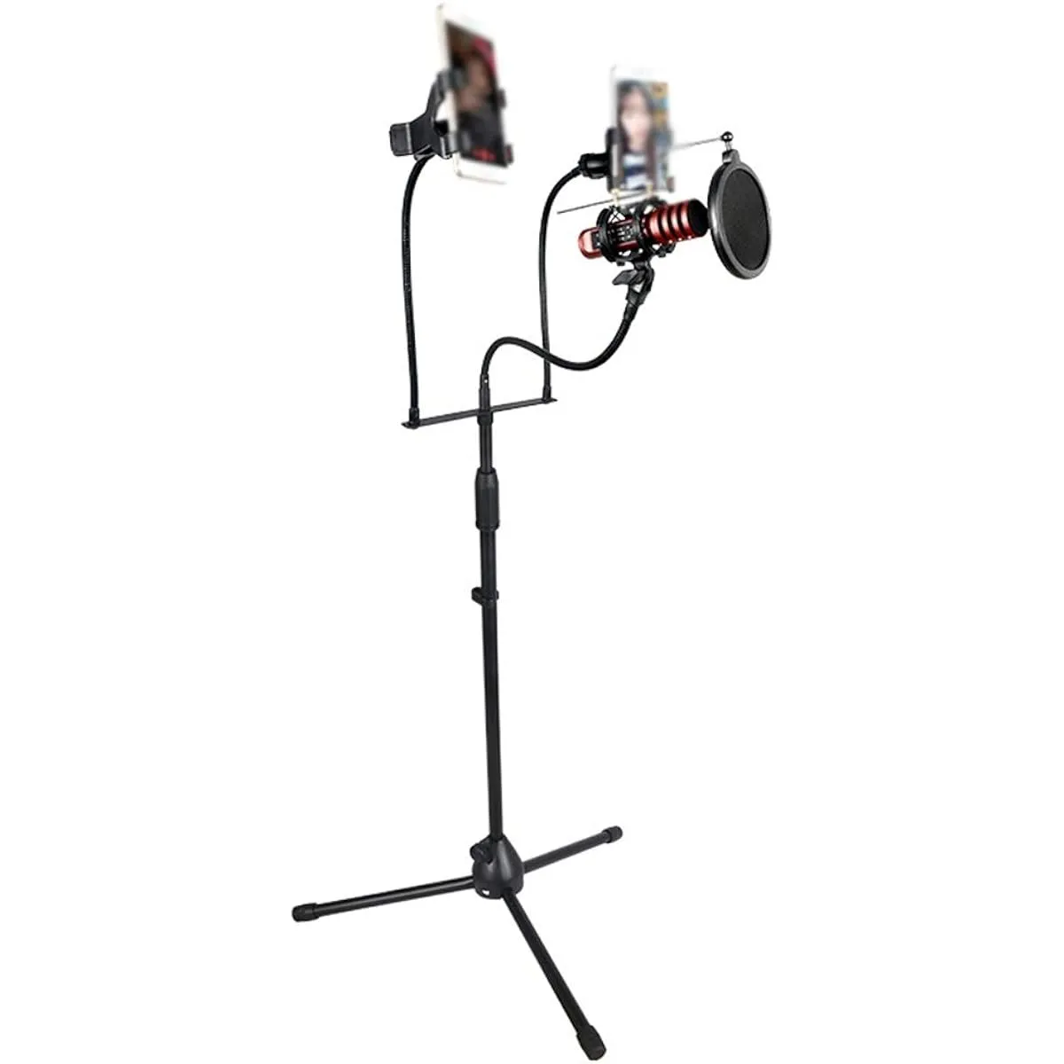 Desktop Microphone Stand Clip Splash-Proof Microphone Floor Stand Sing Dual Mobile Phone Live Conference Seminar Live Speech (Color: Black, Size: 125-188cm)