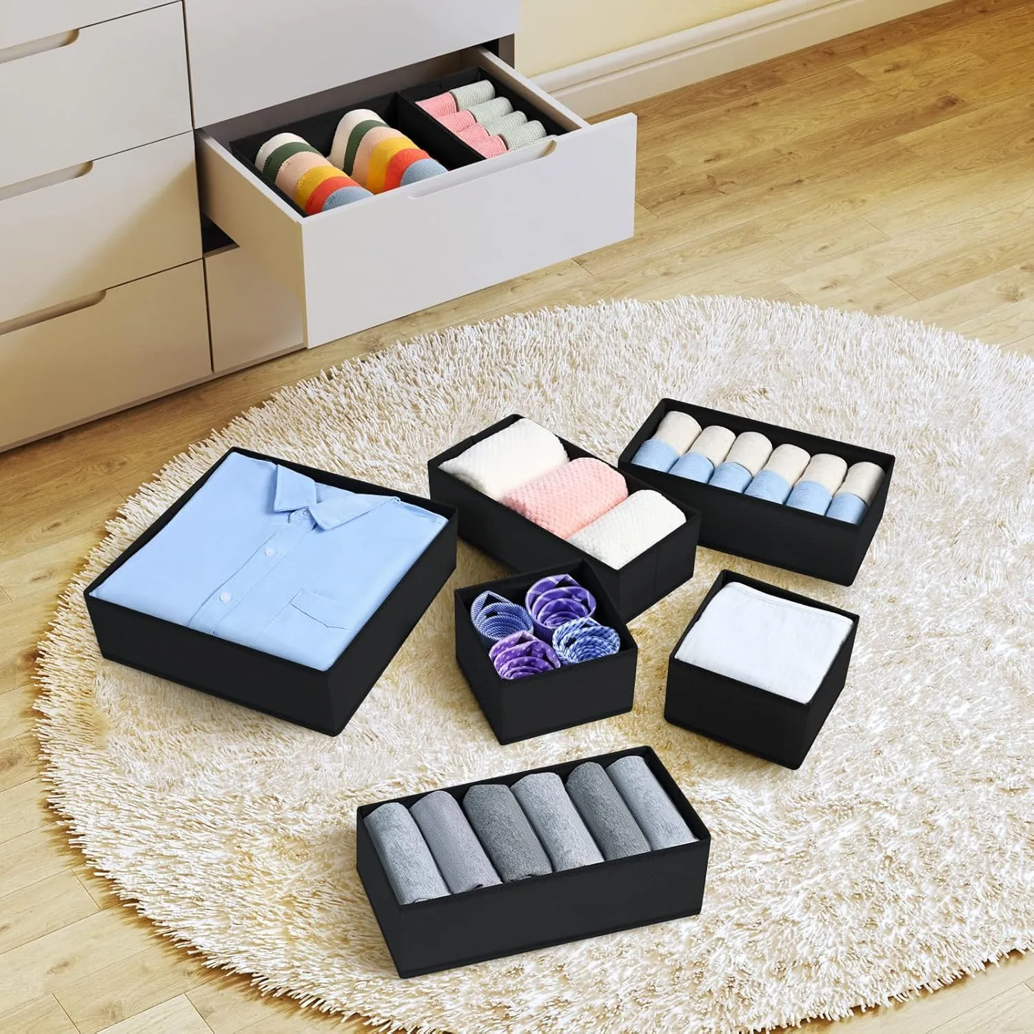DIMJ Drawer Organizer 15 Pack - Foldable Baby Organizers and Storage & Dresser Organizer for Nursery, Bedroom, Closet - Nursery Organization Dresser Dividers for underwear, Sock,Bra, Belt, Tie，Black