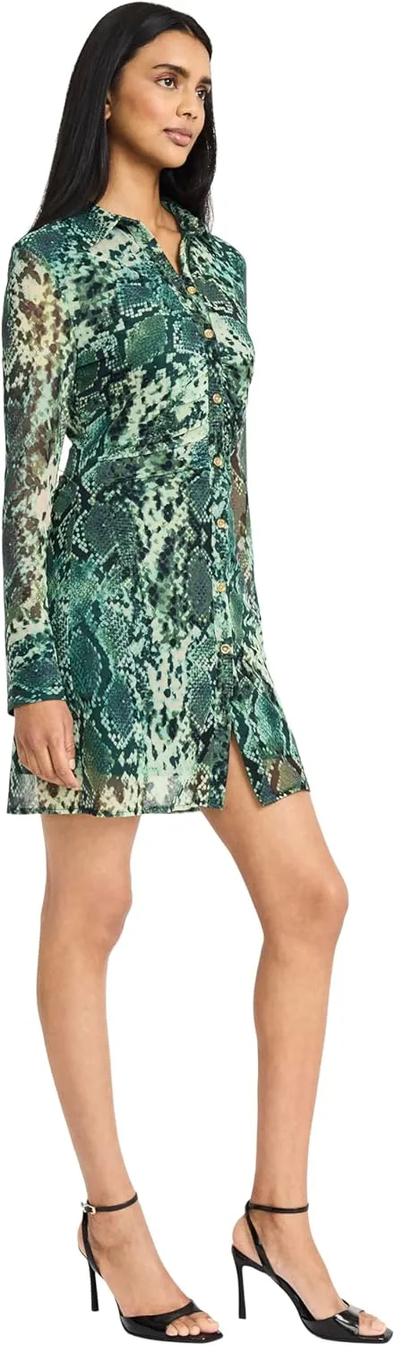 Donna Morgan Women's Button Down Collared Snake Print Fitted Mini-Long Sleeve Shirtdress-Going Out Dress