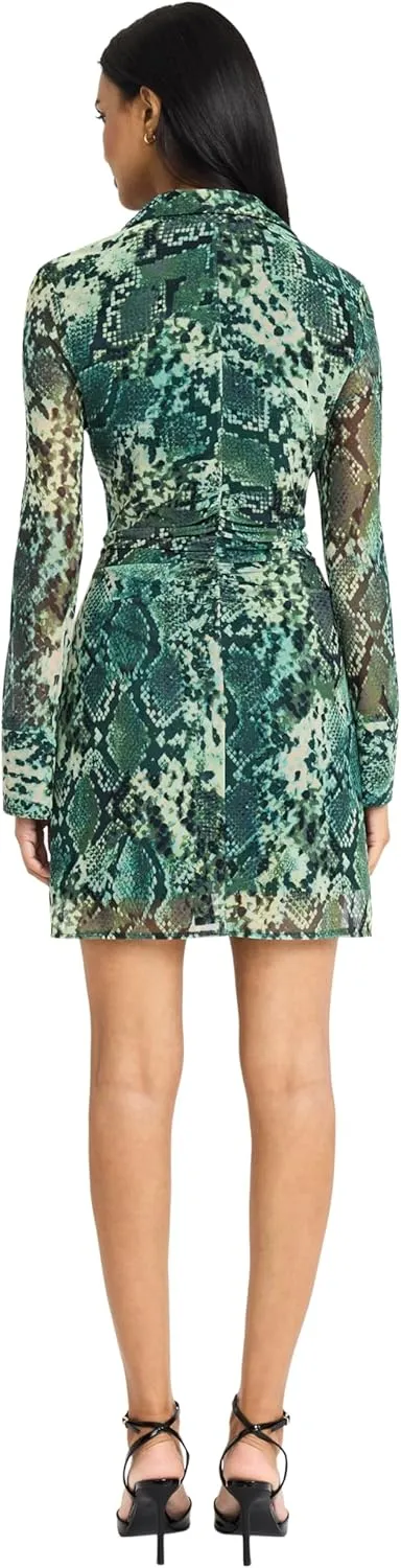 Donna Morgan Women's Button Down Collared Snake Print Fitted Mini-Long Sleeve Shirtdress-Going Out Dress