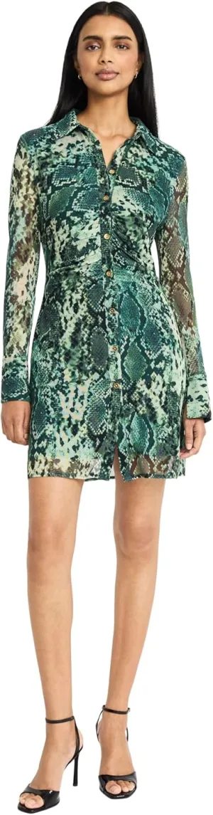 Donna Morgan Women's Button Down Collared Snake Print Fitted Mini-Long Sleeve Shirtdress-Going Out Dress