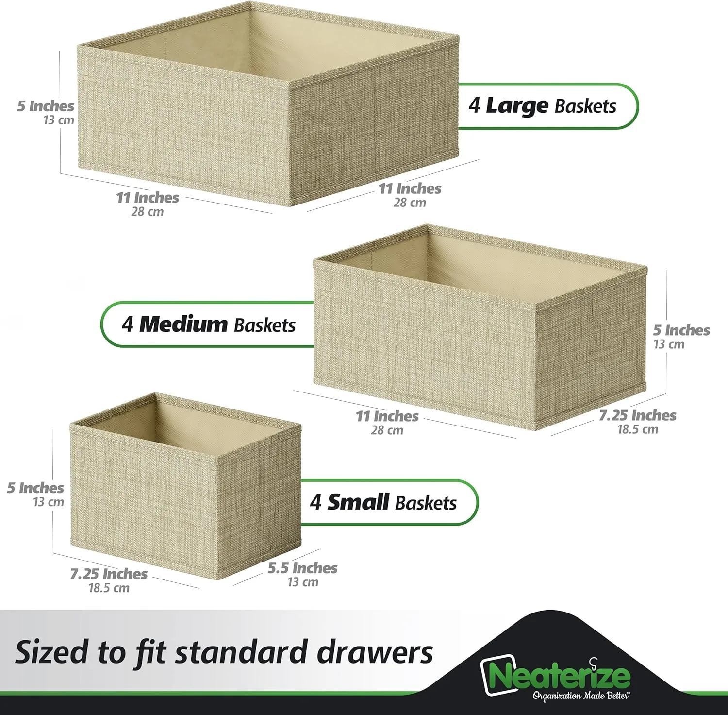 Drawer Organizer Clothes Set of 12 Beige - Dresser Organizer For Nursery, Bedroom, Closet - The Perfect Baby Clothes Organizers and Storage & General Nursery Organization or Dresser Drawer Organizers