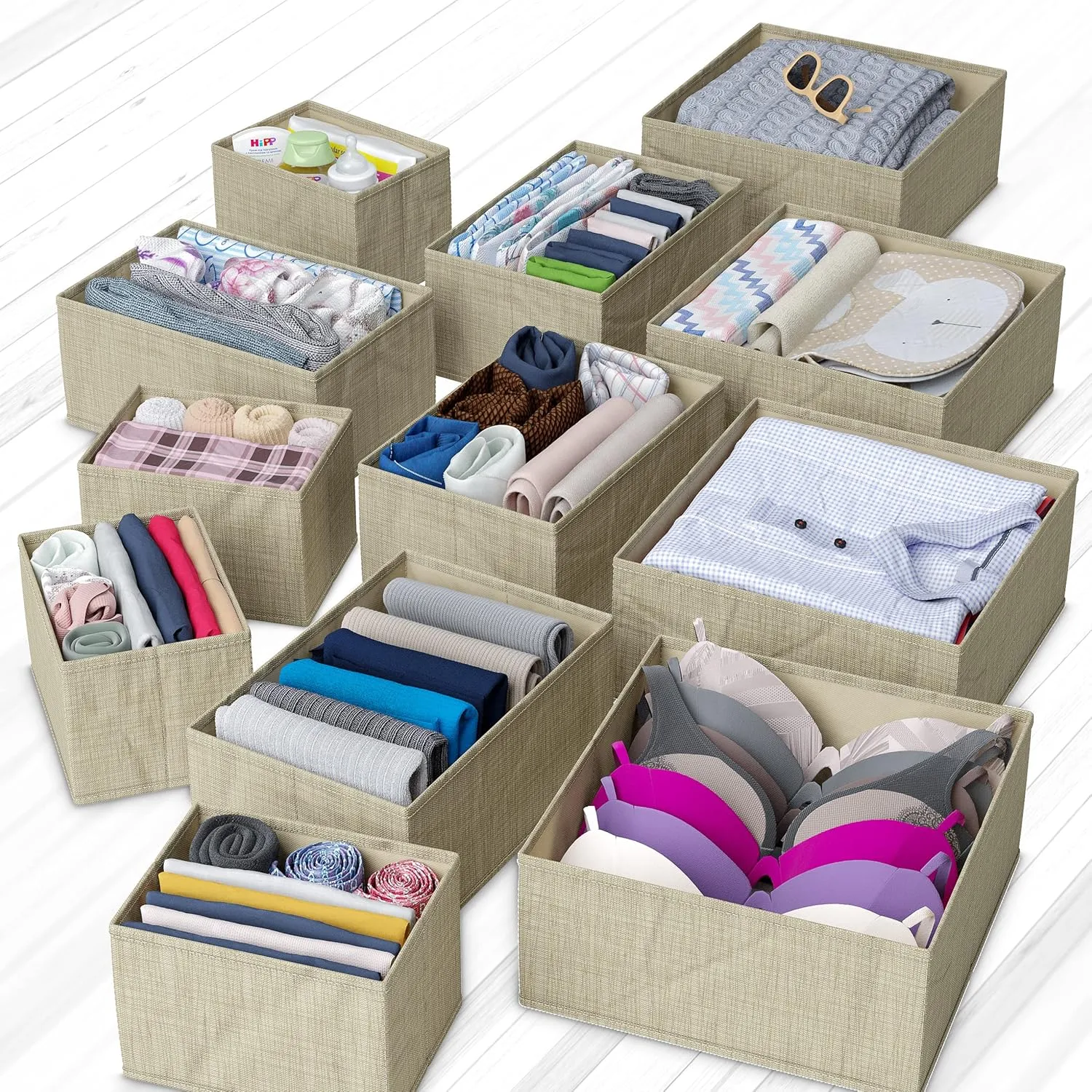 Drawer Organizer Clothes Set of 12 Beige - Dresser Organizer For Nursery, Bedroom, Closet - The Perfect Baby Clothes Organizers and Storage & General Nursery Organization or Dresser Drawer Organizers