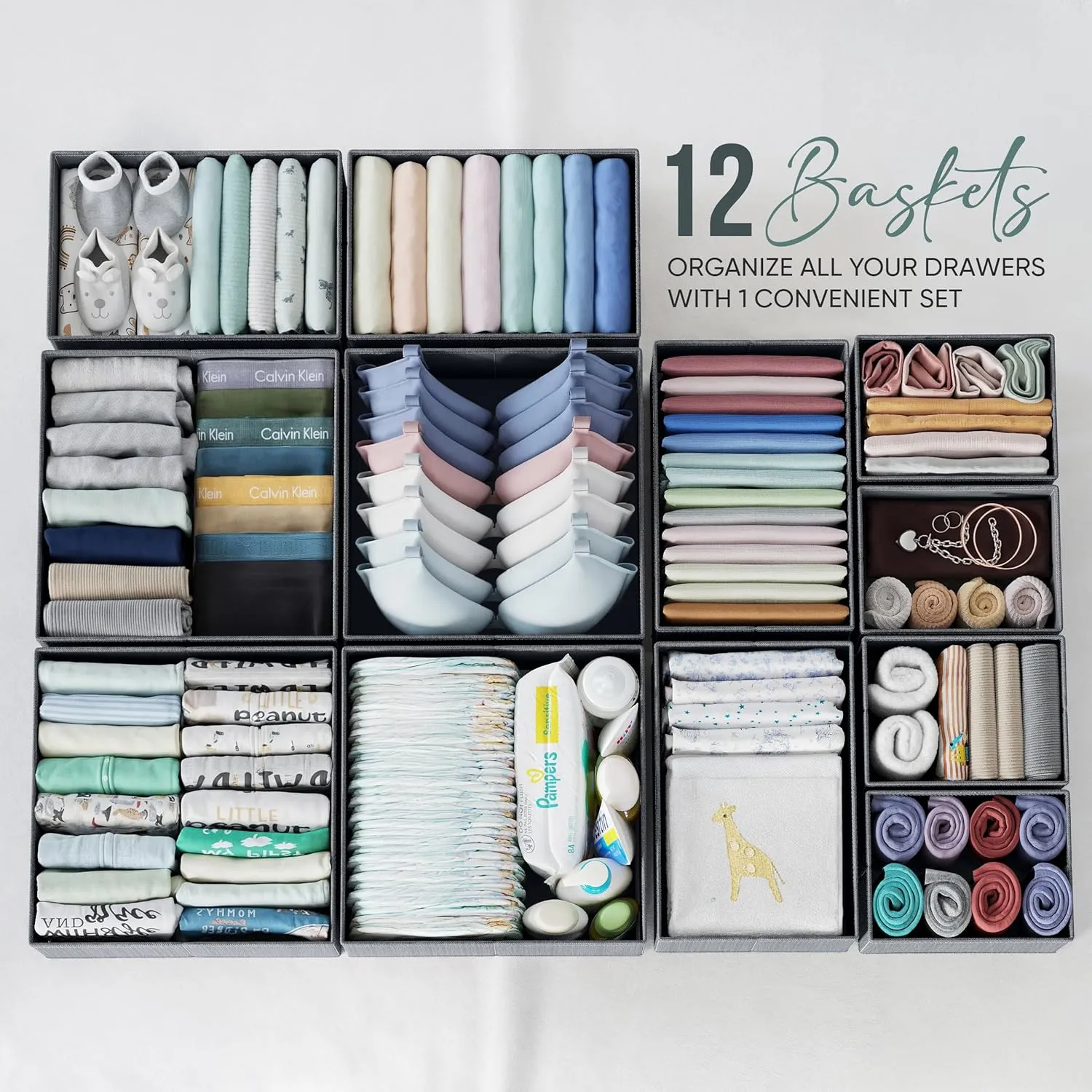 Drawer Organizer Set of 12 Dark Grey - Nursery, Bedroom, Closet Organizer & Storage