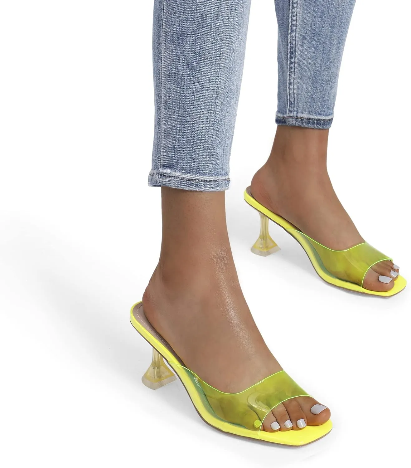 DREAM PAIRS Women’s Clear Heels Square Toe High Stiletto Mules Slip on Wedding Dress Heel Sandals