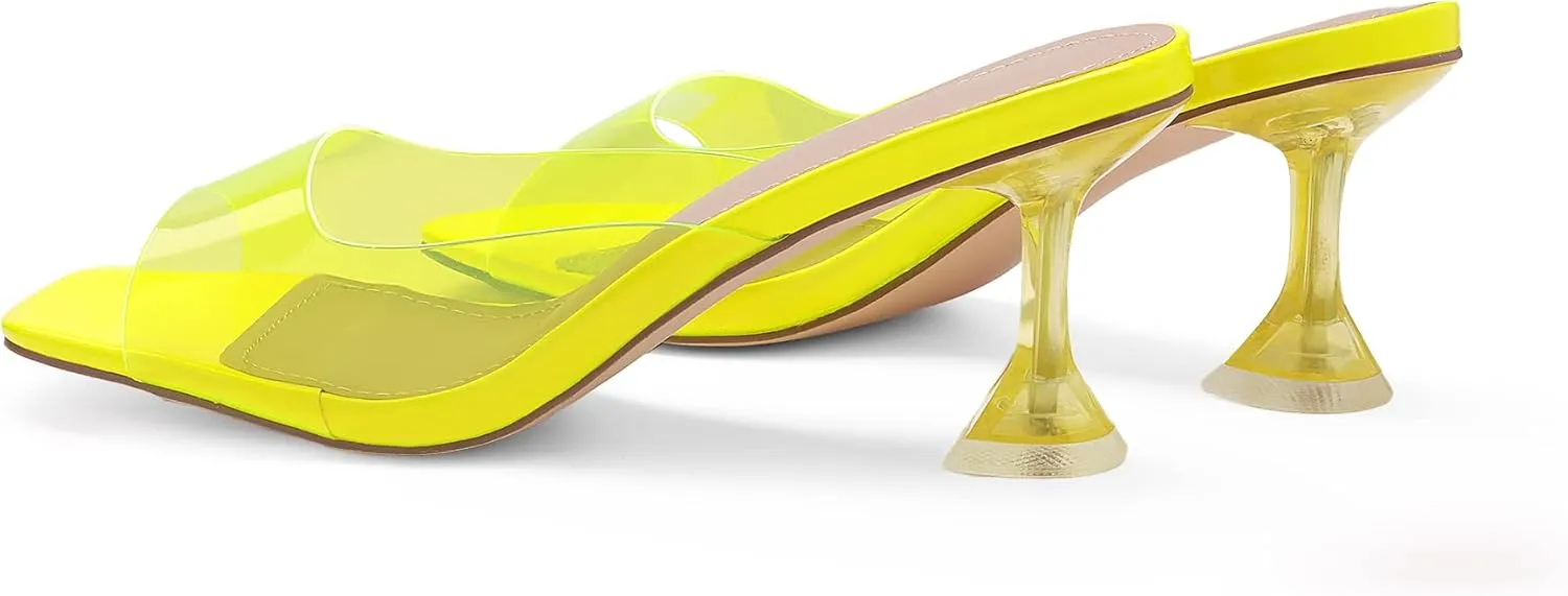 DREAM PAIRS Women’s Clear Heels Square Toe High Stiletto Mules Slip on Wedding Dress Heel Sandals