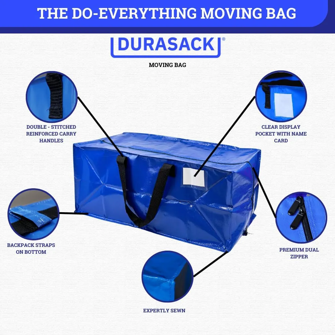 DURASACK Heavy Duty Moving Bag Storage Container Duffle Bag with Zipper, Reinforced Carry Straps and Backpack Straps, Made of Rugged Woven Polypropylene, Pack of 4, Blue