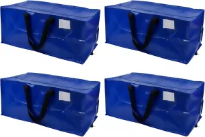 DURASACK Heavy Duty Moving Bag Storage Container Duffle Bag with Zipper, Reinforced Carry Straps and Backpack Straps, Made of Rugged Woven Polypropylene, Pack of 4, Blue