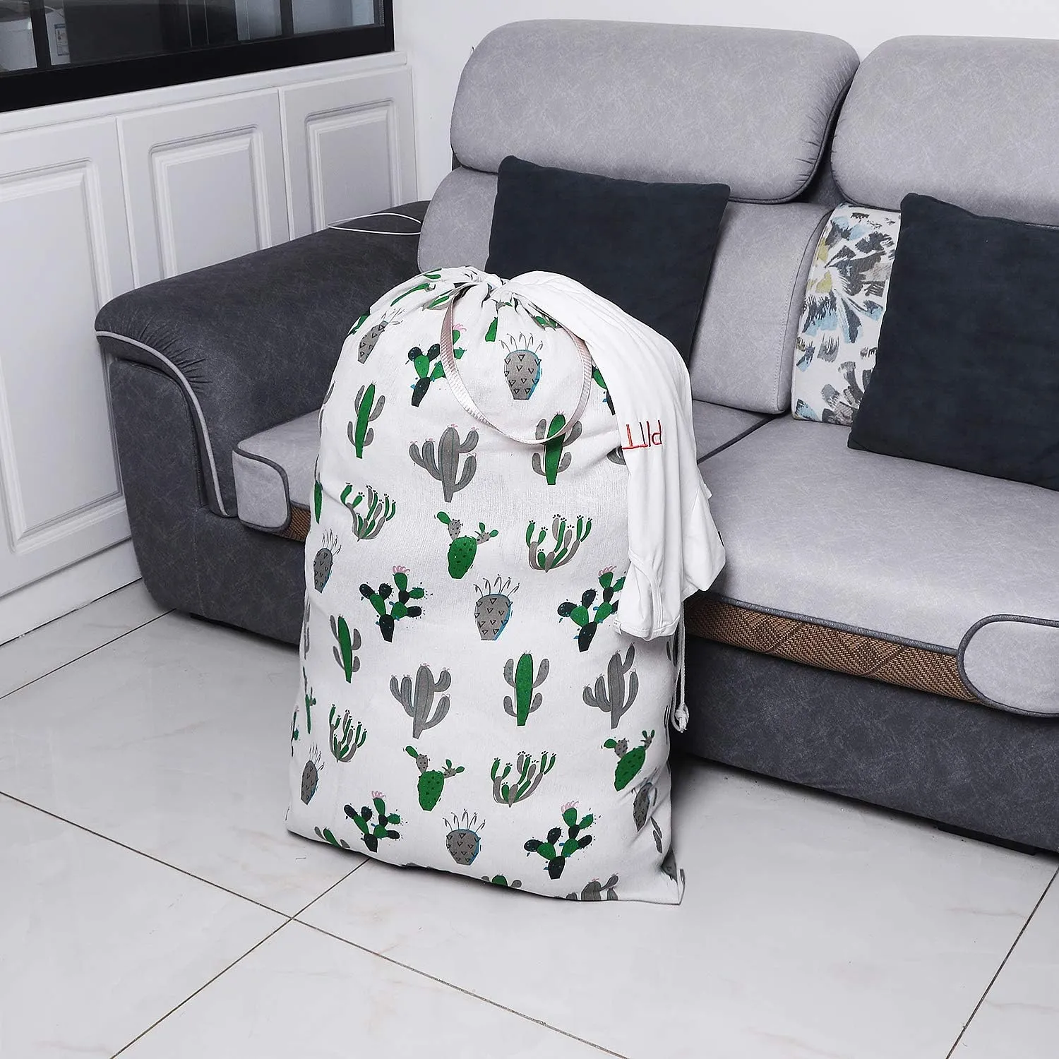 Extra Large Laundry Bag with Drawstring and Handle, Heavy Duty Travel Dirty Clothes Bag for Laundromat and Household, Durable Rip-Stop Laundry Hamper Liner, 28 x 40 Inch, Cactus