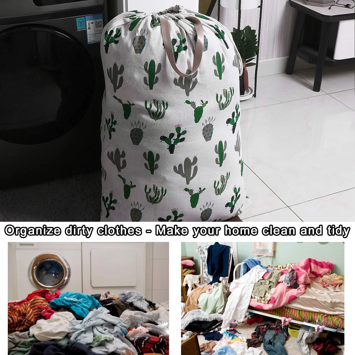 Extra Large Laundry Bag with Drawstring and Handle, Heavy Duty Travel Dirty Clothes Bag for Laundromat and Household, Durable Rip-Stop Laundry Hamper Liner, 28 x 40 Inch, Cactus