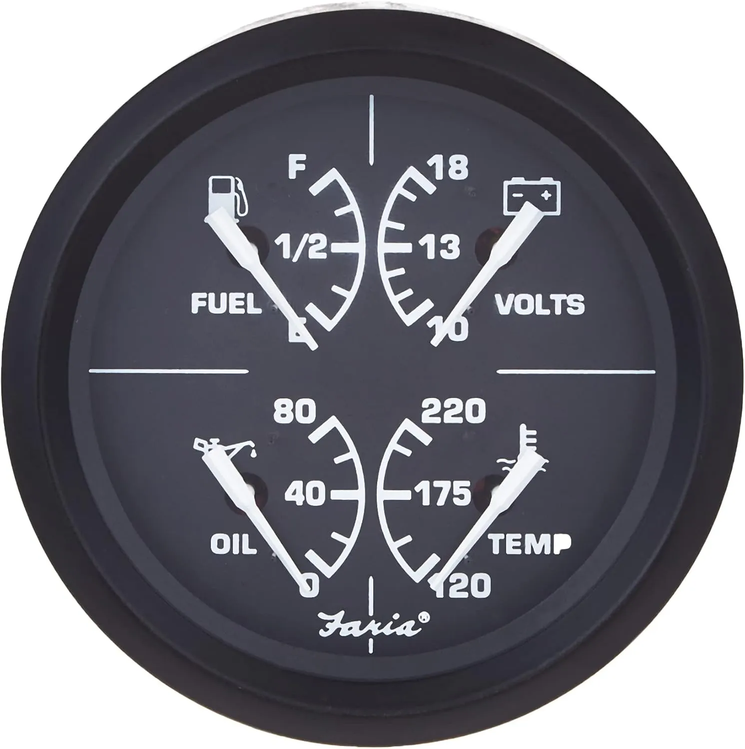 Faria - 3003.3415 32851 Euro Multifunction Fuel Level/Oil PSI (80 PSI)/Water Temp (100-250°F)/Voltmeter (10-16 VDC) - 4", Black