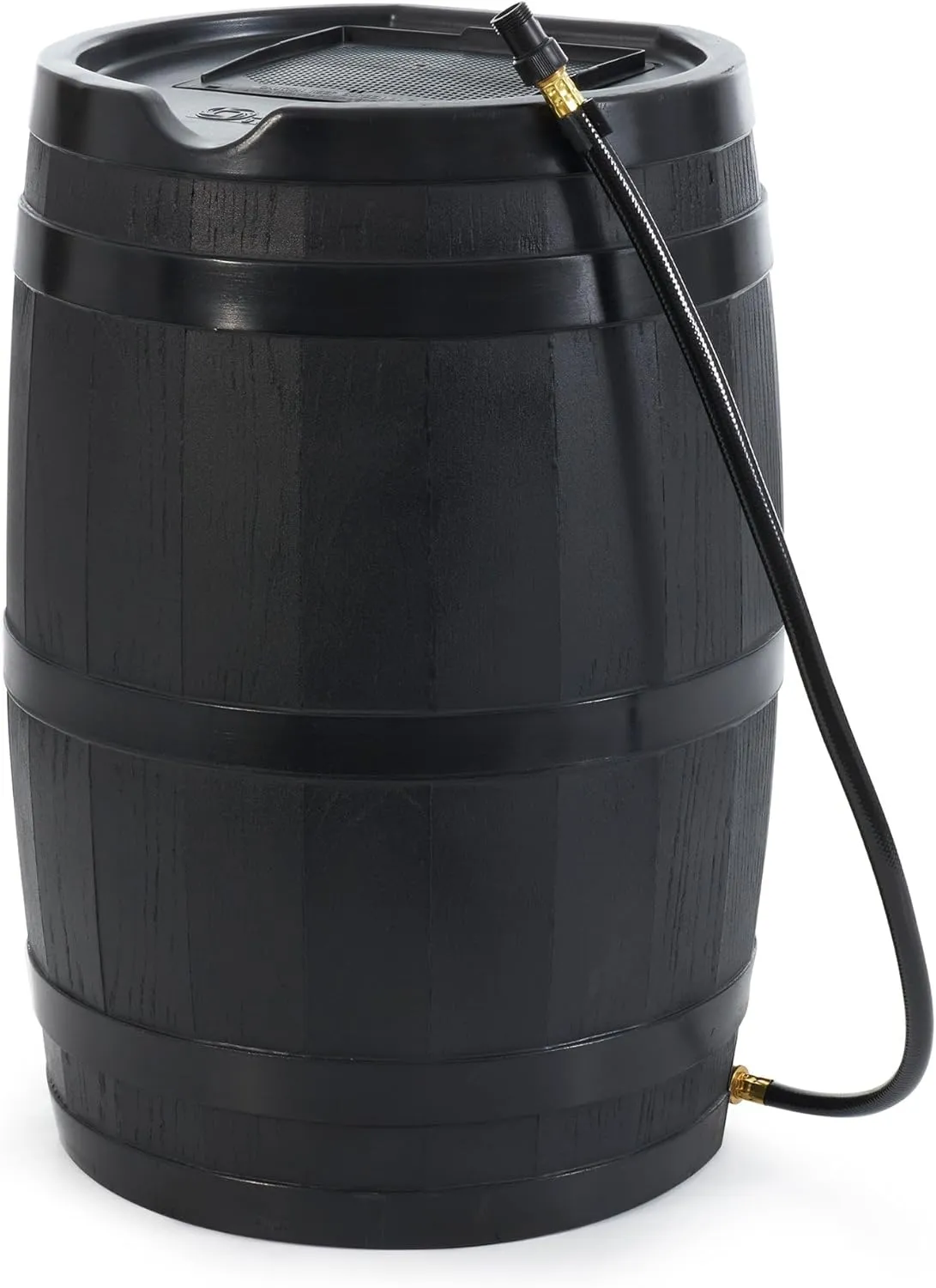 FCMP Outdoor 45 Gallon Heavy Duty Rain Water Catcher Barrel Container with Hose and Debris Screen for Outdoor Plants, Garden, and Landscapes (RC45-BLK) Black