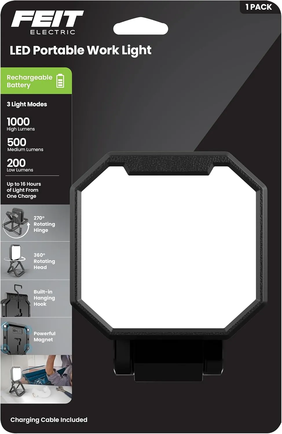 Feit Electric Portable LED Work Light, 360° Rotating Head, 3 Light Modes, 1000/500/200 Lumens, Adjustable Working Light for Workshop Garage, 25,000-Hour Lifetime, WORK1000/FOLD/BAT