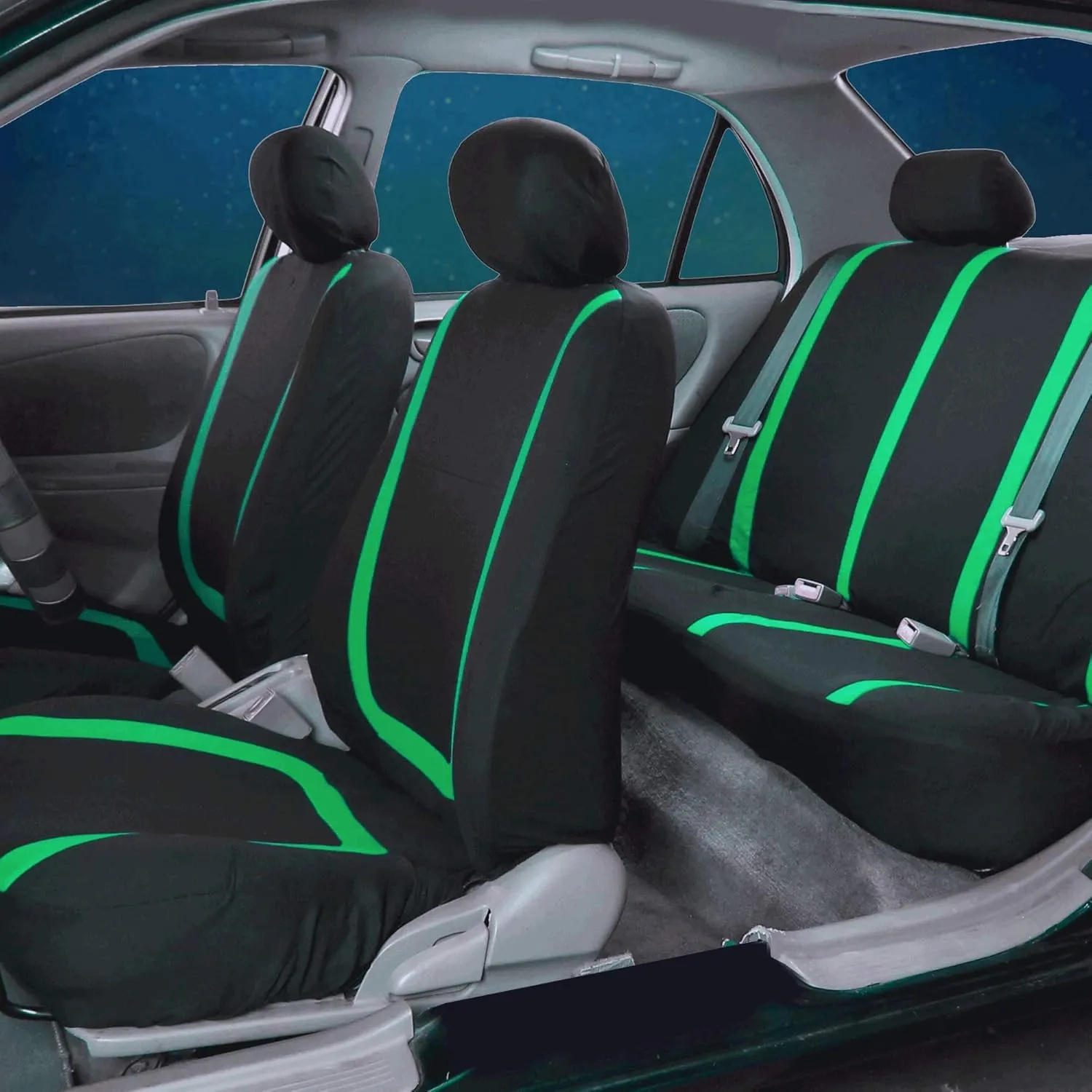 FH Group Unique Flat Cloth Seat Covers with Premium Carpet Floor Mats- Fit Most Car, Truck, SUV, or Van (Green/Black) FB032115- F14407