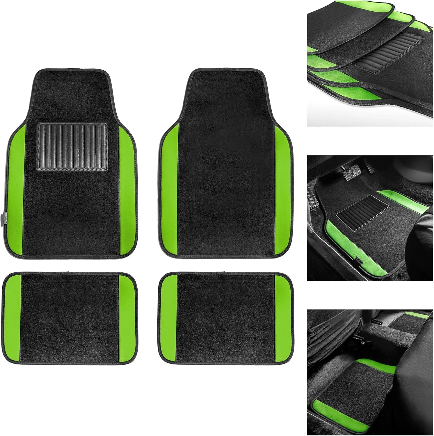FH Group Unique Flat Cloth Seat Covers with Premium Carpet Floor Mats- Fit Most Car, Truck, SUV, or Van (Green/Black) FB032115- F14407