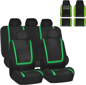 FH Group Unique Flat Cloth Seat Covers with Premium Carpet Floor Mats- Fit Most Car, Truck, SUV, or Van (Green/Black) FB032115- F14407