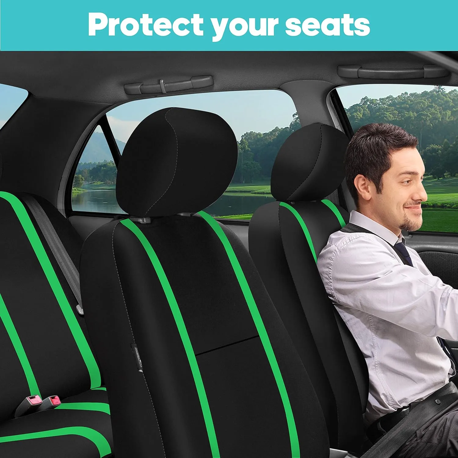 FH Group Unique Flat Cloth Seat Covers with Premium Carpet Floor Mats- Fit Most Car, Truck, SUV, or Van (Green/Black) FB032115- F14407