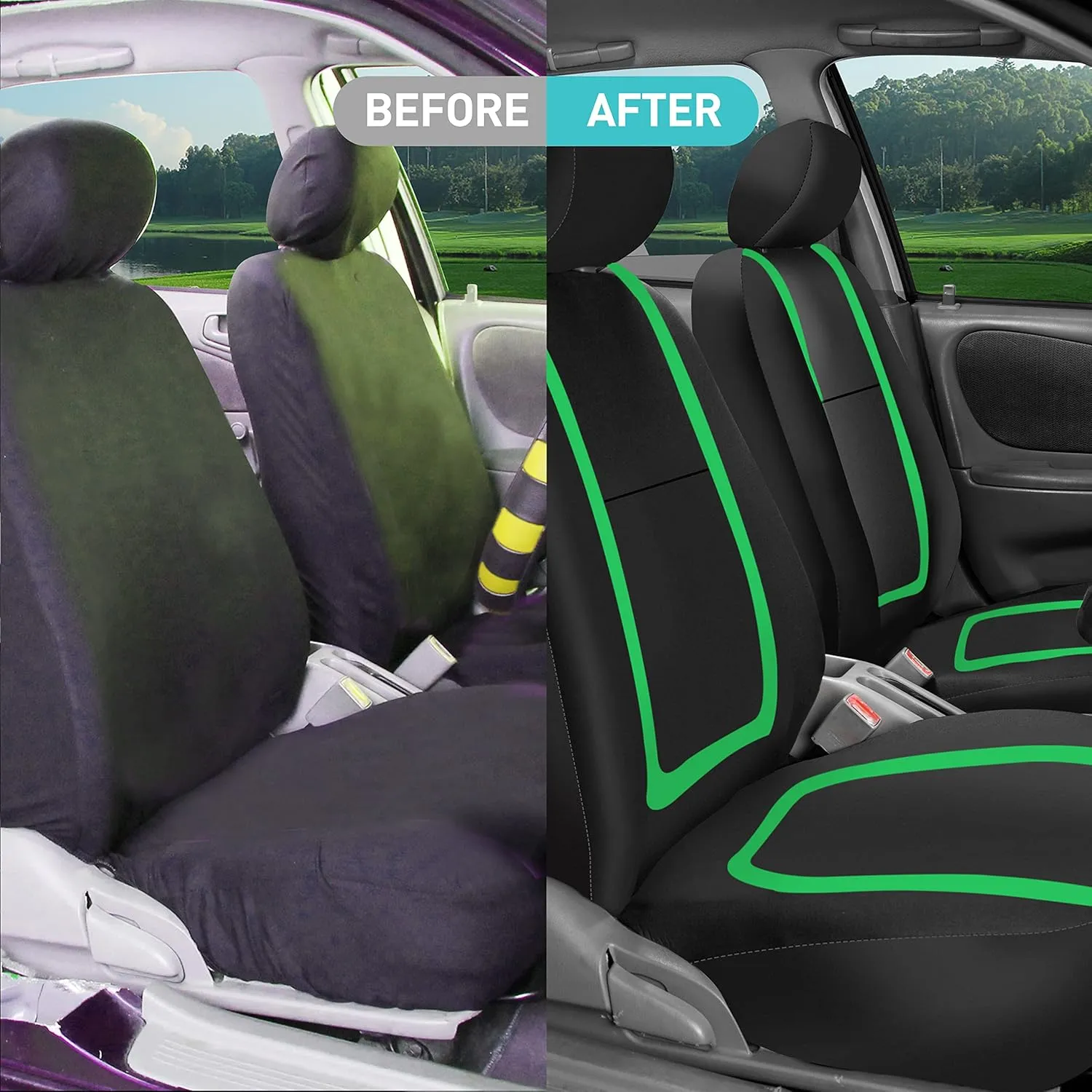 FH Group Unique Flat Cloth Seat Covers with Premium Carpet Floor Mats- Fit Most Car, Truck, SUV, or Van (Green/Black) FB032115- F14407