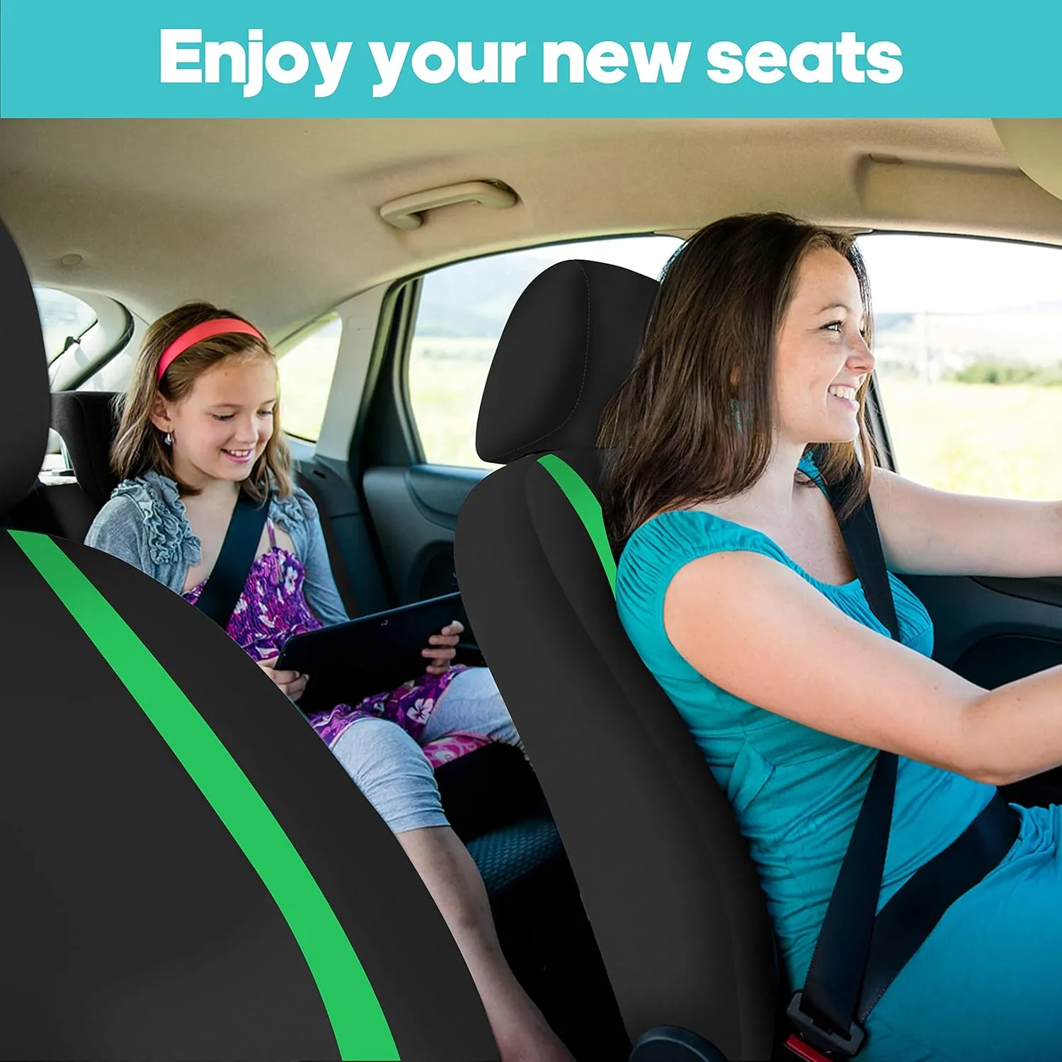 FH Group Unique Flat Cloth Seat Covers with Premium Carpet Floor Mats- Fit Most Car, Truck, SUV, or Van (Green/Black) FB032115- F14407