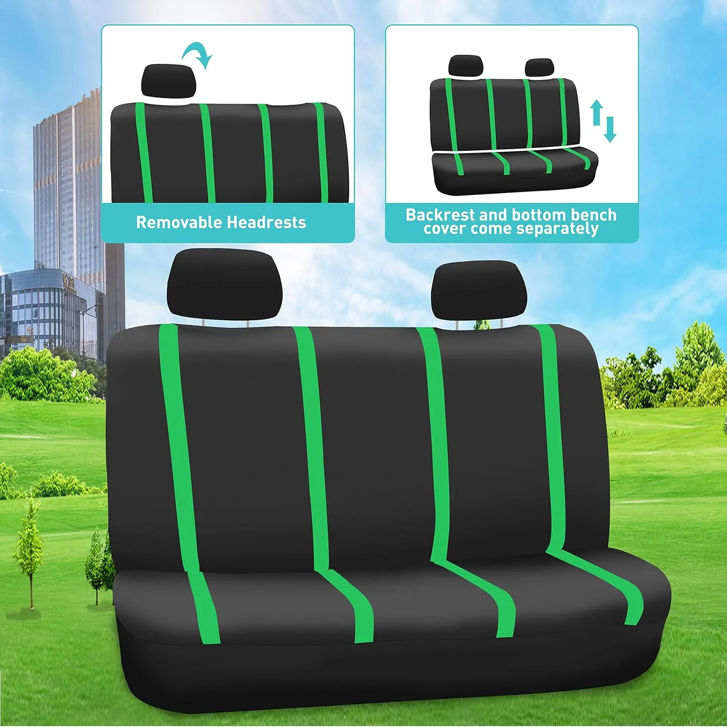 FH Group Unique Flat Cloth Seat Covers with Premium Carpet Floor Mats- Fit Most Car, Truck, SUV, or Van (Green/Black) FB032115- F14407