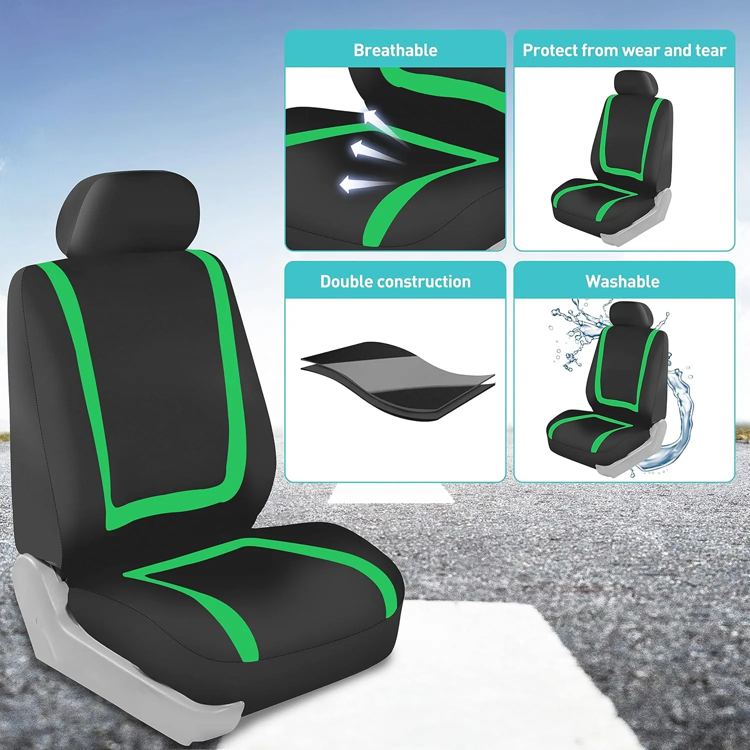 FH Group Unique Flat Cloth Seat Covers with Premium Carpet Floor Mats- Fit Most Car, Truck, SUV, or Van (Green/Black) FB032115- F14407