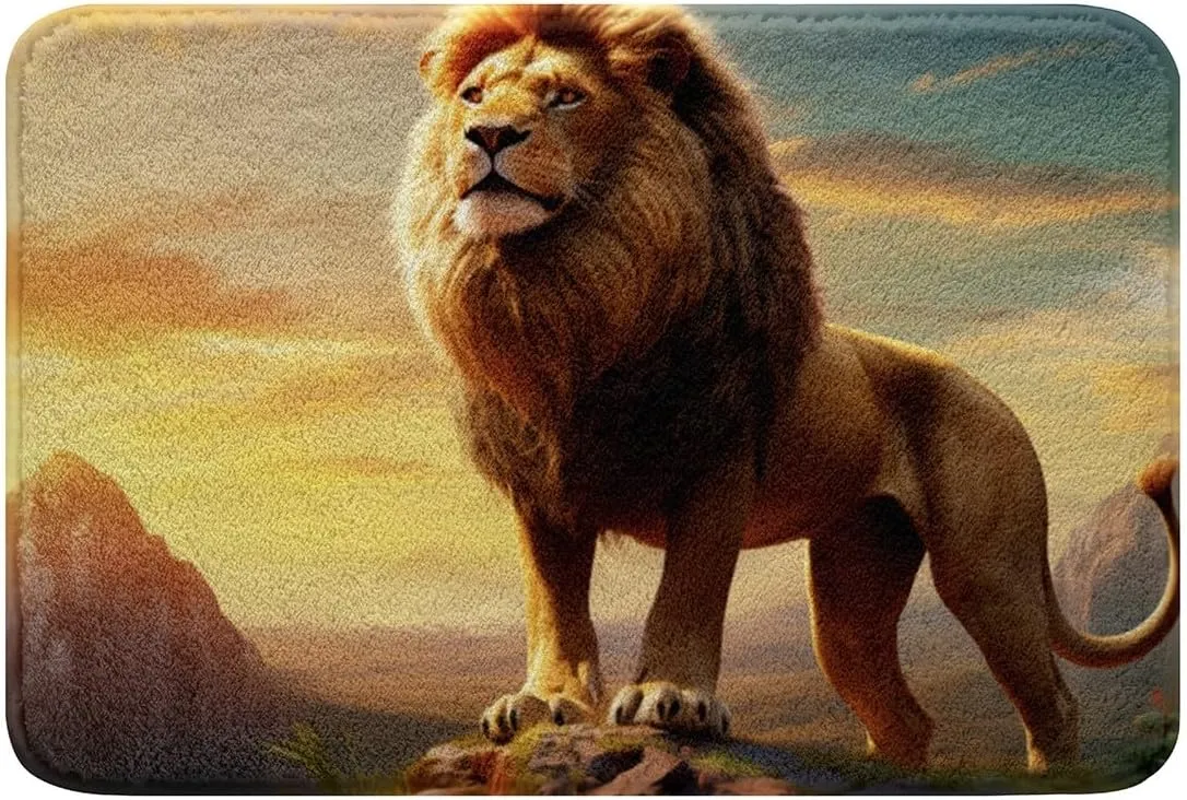 Fierce Lion Bathroom Rug,Wild Animal Theme Non Slip Bath Mat Kids Teens Adults Men Home Decor,African Plateau Natural Scenery Bath Indoor Doornat,3D Lion Sunset Shaggy Absorbent Floor Mat,16"x24"