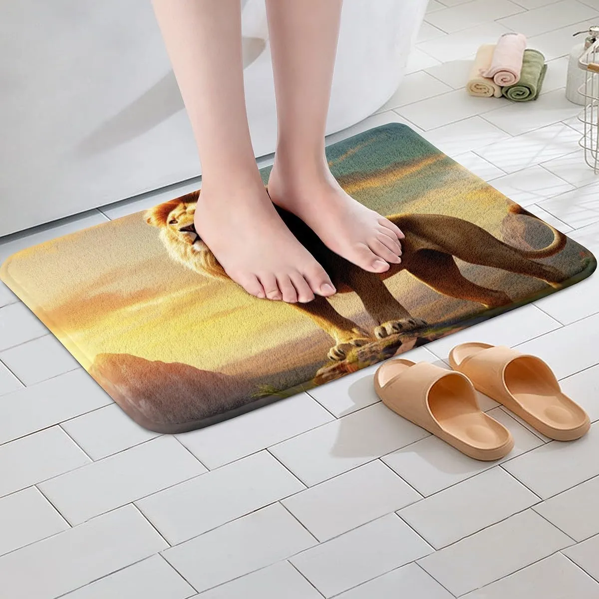 Fierce Lion Bathroom Rug,Wild Animal Theme Non Slip Bath Mat Kids Teens Adults Men Home Decor,African Plateau Natural Scenery Bath Indoor Doornat,3D Lion Sunset Shaggy Absorbent Floor Mat,16"x24"