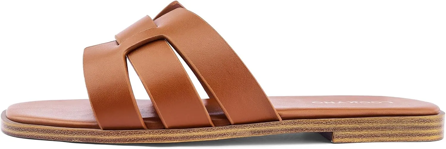 Flat Sandals for Women 2025 Dressy Summer Leather Slides with Square Open Toe