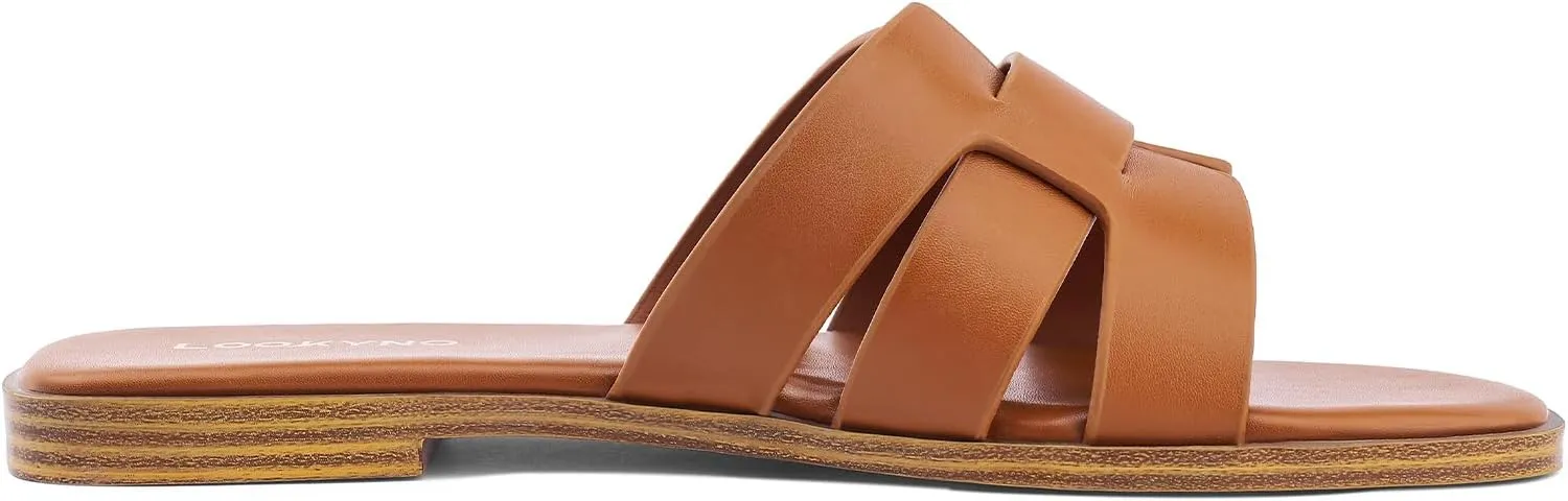 Flat Sandals for Women 2025 Dressy Summer Leather Slides with Square Open Toe