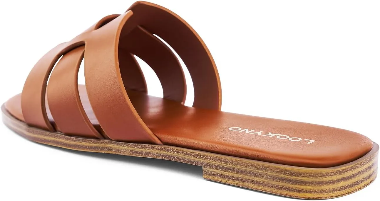 Flat Sandals for Women 2025 Dressy Summer Leather Slides with Square Open Toe