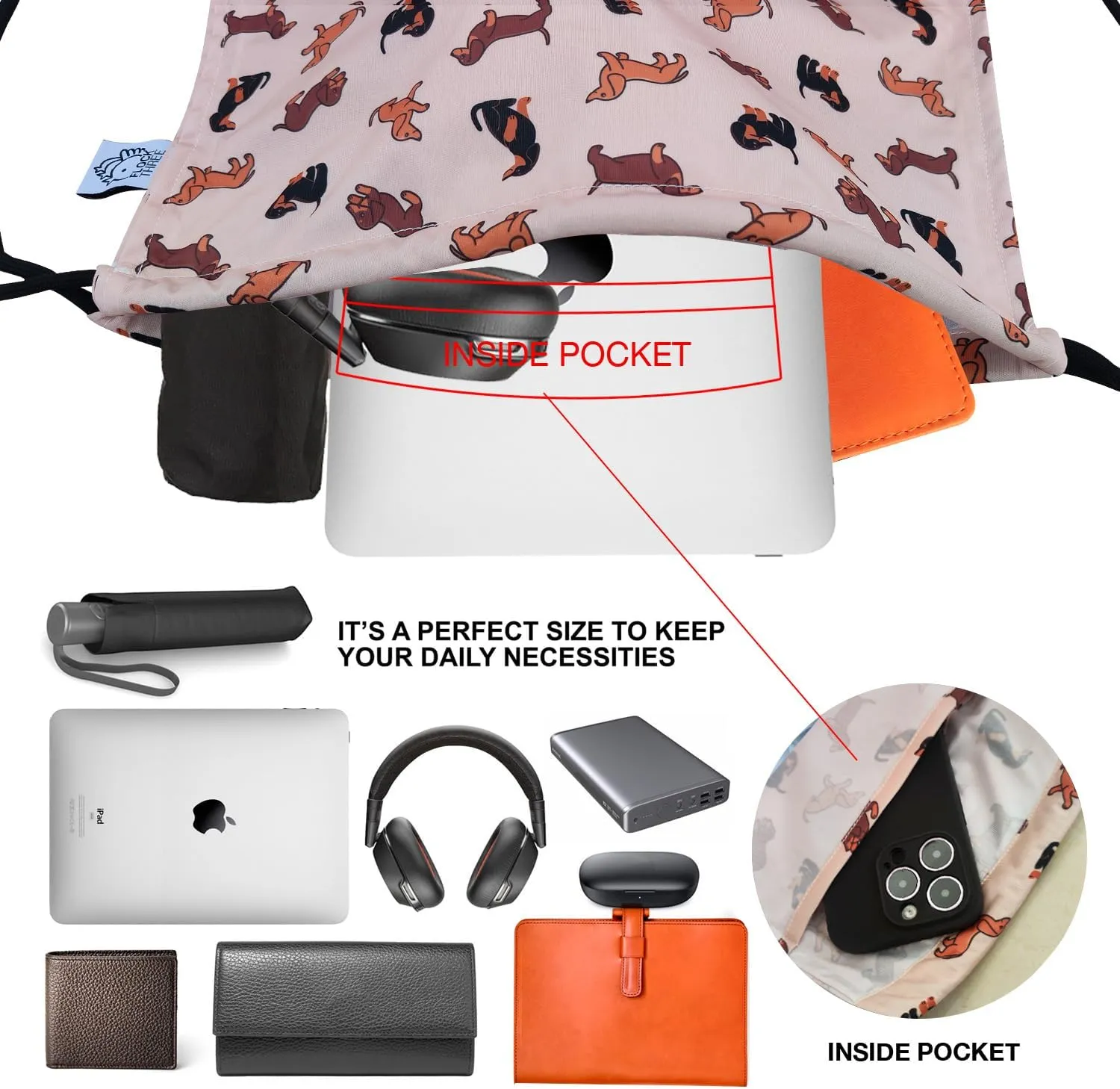 FLOCK THREE Leakproof Drawstring Backpack Sports Gym Bag Large Capacity With Pocket for Sports Gym Travel Swimming Beach (Cute Dog02)