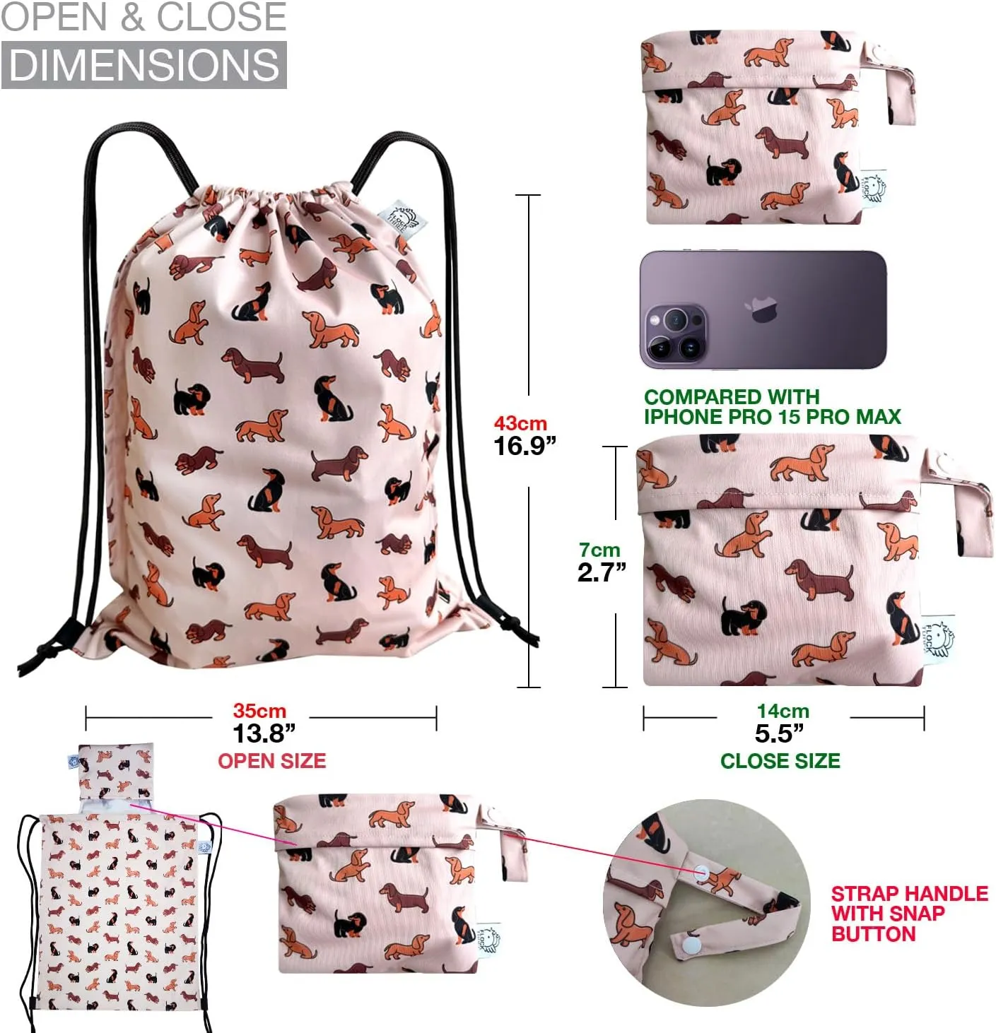 FLOCK THREE Leakproof Drawstring Backpack Sports Gym Bag Large Capacity With Pocket for Sports Gym Travel Swimming Beach (Cute Dog02)