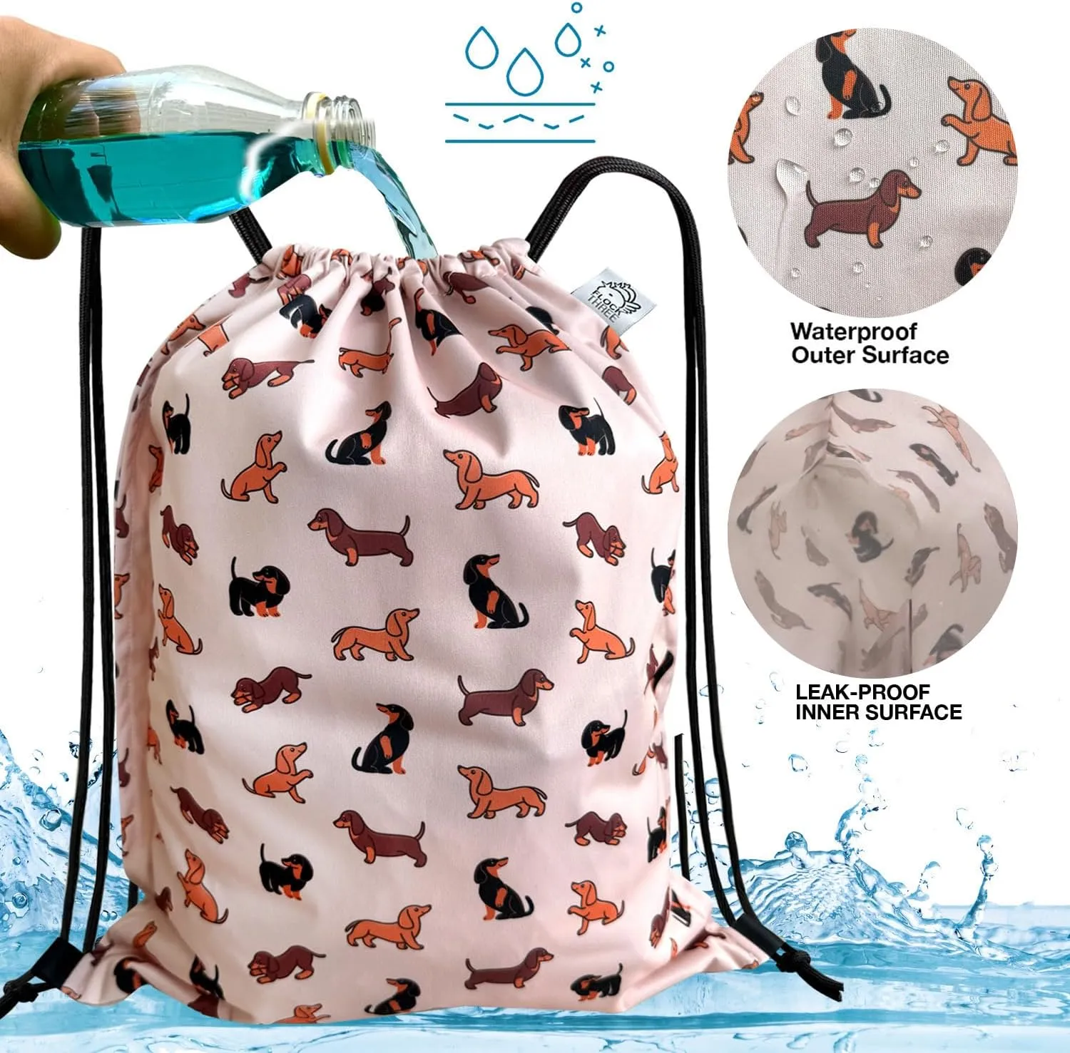 FLOCK THREE Leakproof Drawstring Backpack Sports Gym Bag Large Capacity With Pocket for Sports Gym Travel Swimming Beach (Cute Dog02)