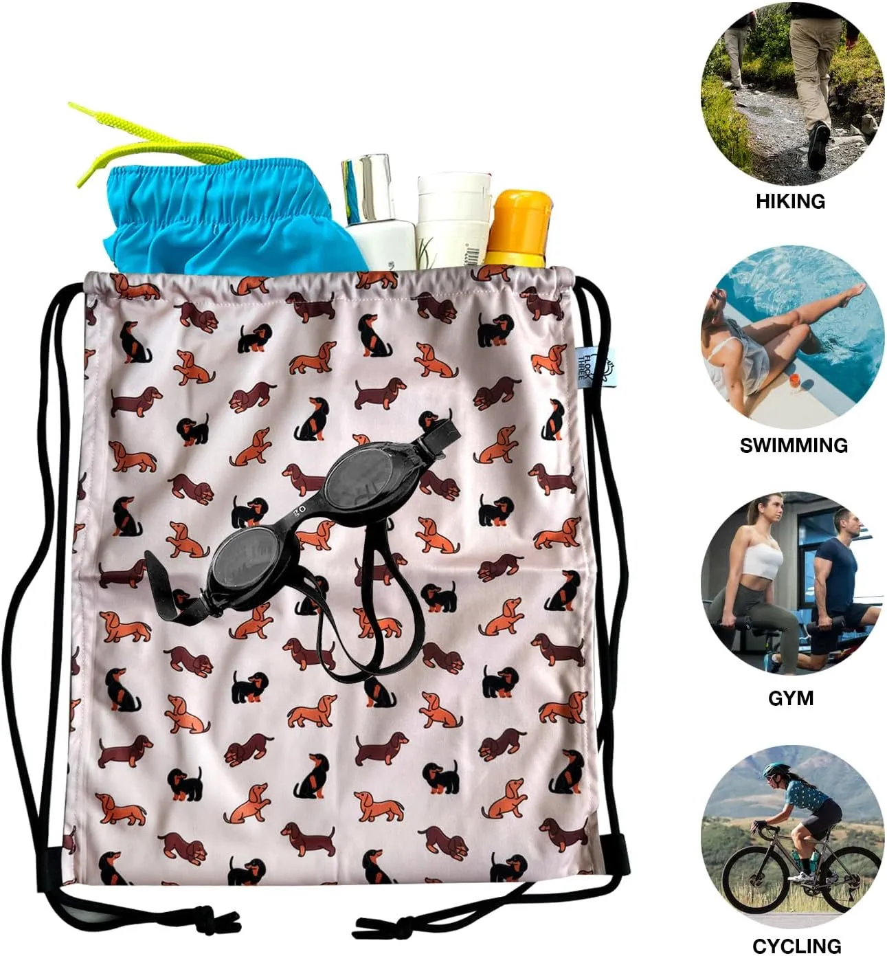 FLOCK THREE Leakproof Drawstring Backpack Sports Gym Bag Large Capacity With Pocket for Sports Gym Travel Swimming Beach (Cute Dog02)