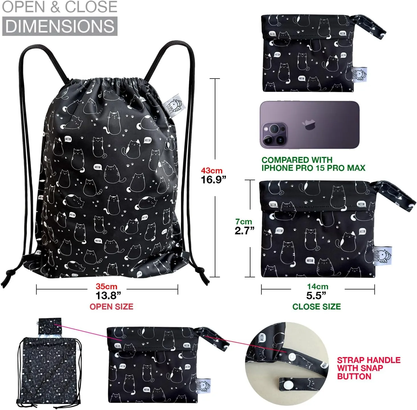 FLOCK THREE Leakproof Drawstring Backpack Sports Gym Bag Large Capacity With Pocket for Sports Gym Travel Swimming Beach (Fat Cats)