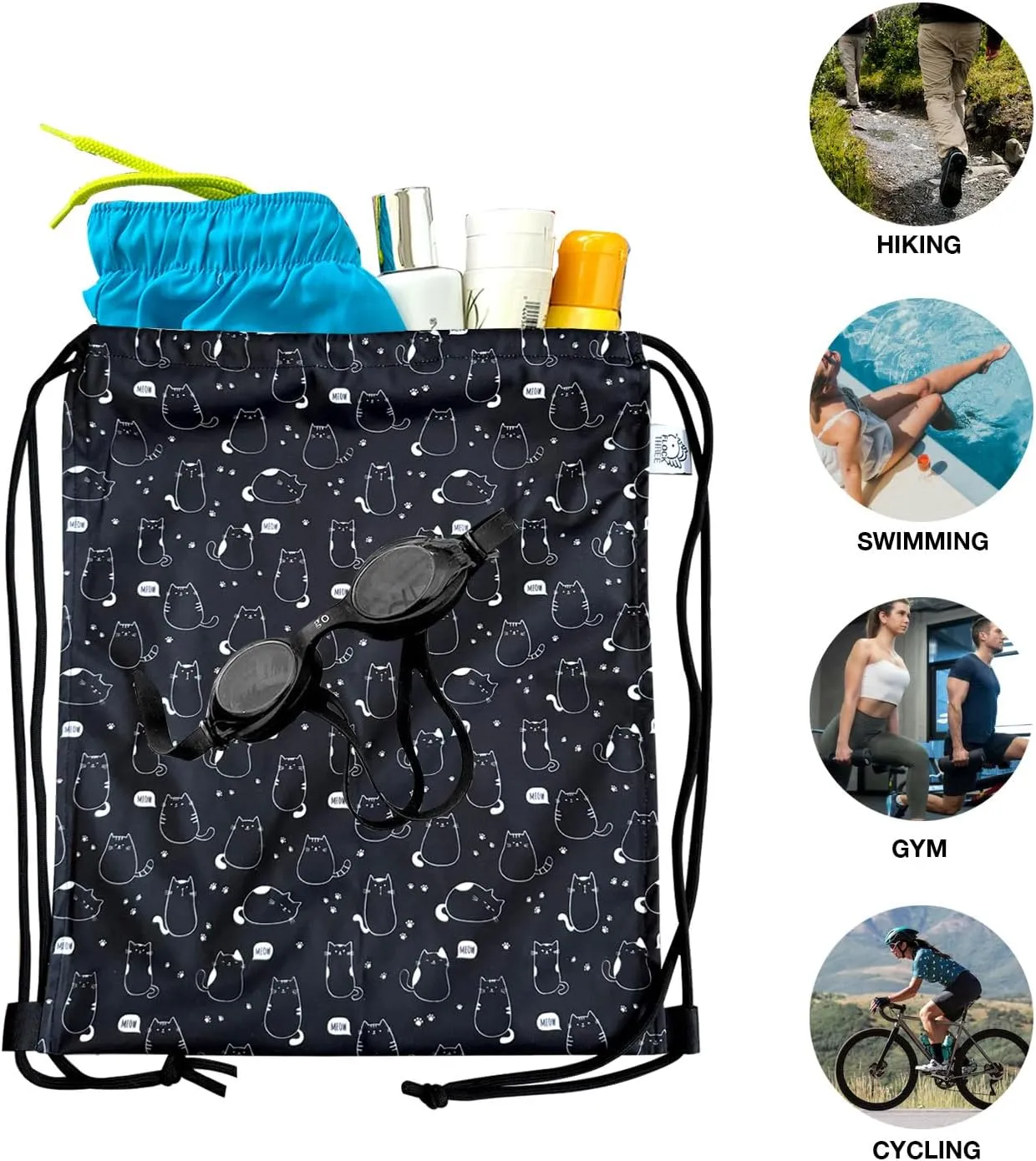 FLOCK THREE Leakproof Drawstring Backpack Sports Gym Bag Large Capacity With Pocket for Sports Gym Travel Swimming Beach (Fat Cats)
