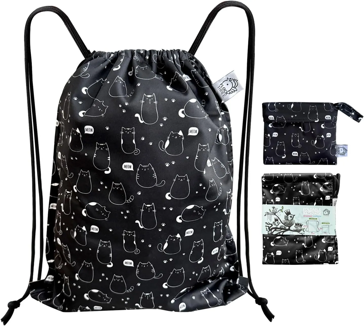 FLOCK THREE Leakproof Drawstring Backpack Sports Gym Bag Large Capacity With Pocket for Sports Gym Travel Swimming Beach (Fat Cats)