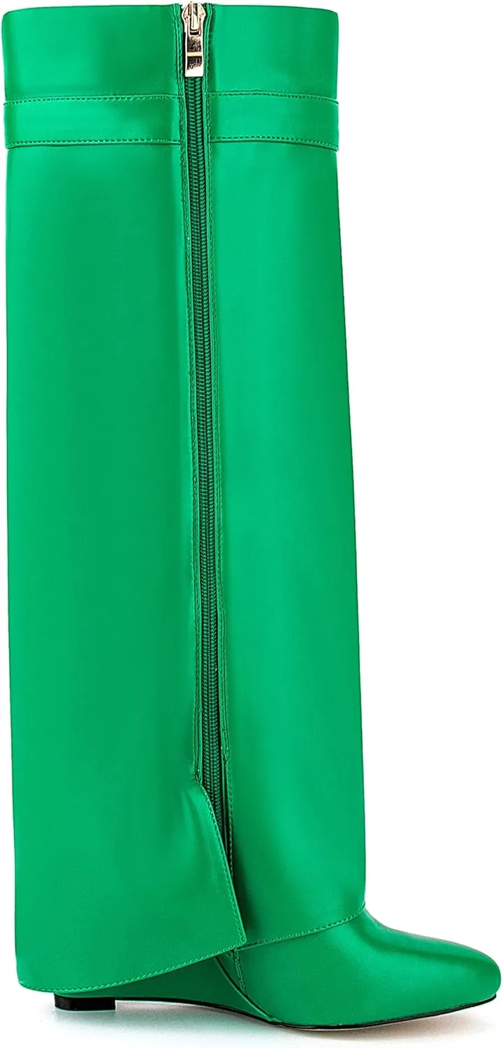Fold Over Knee High Boots for Women Pointy Pull-on Wedge Heel Knee Shark Boot With Side Zipper Covered Wedge Heel Padlock Boot