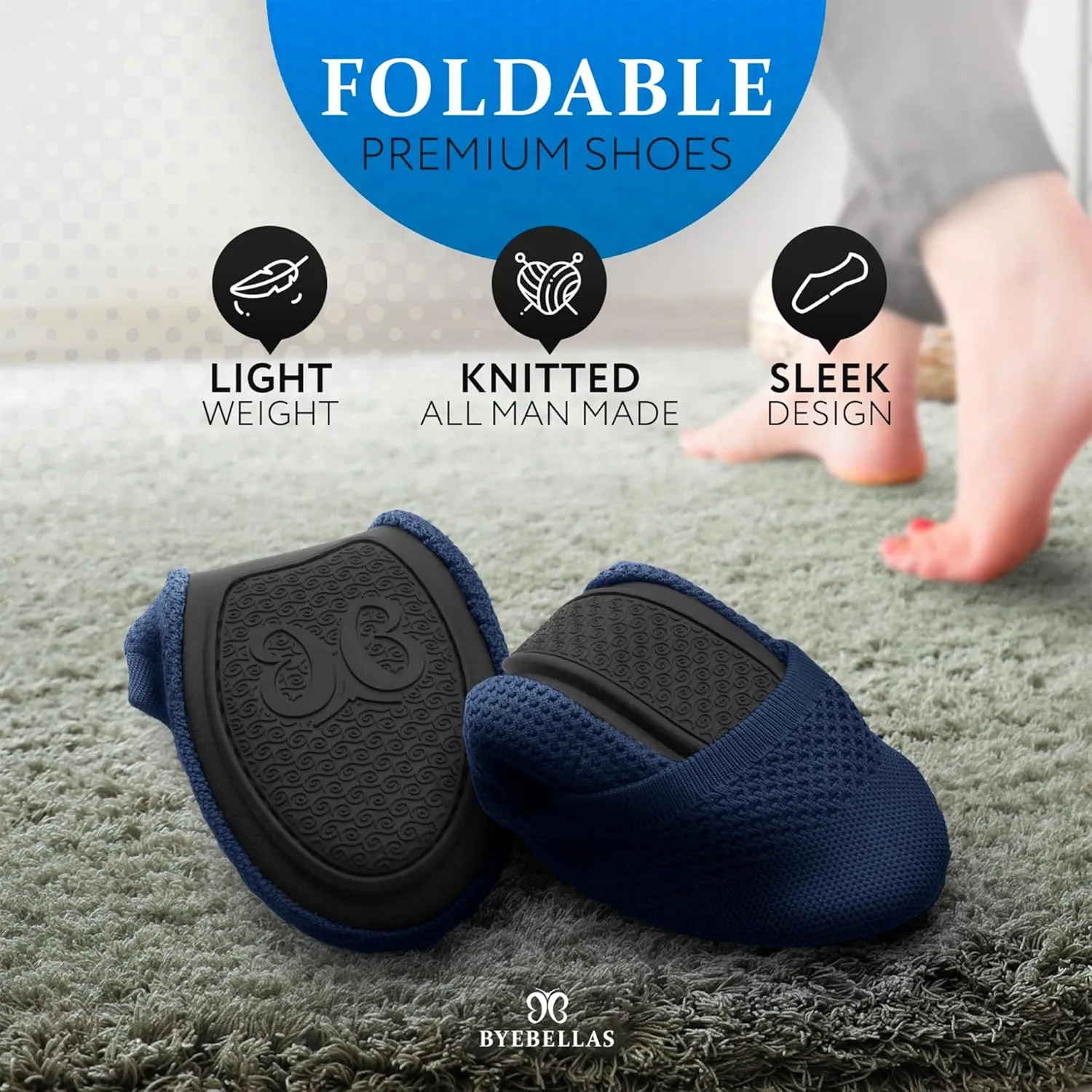 Foldable Stretch Knit Travel Slip-On Round Toe Ballet Flats with Packable Zipper Pouch and Expandable Tote Bag Carrying Case Split Sole Shoes