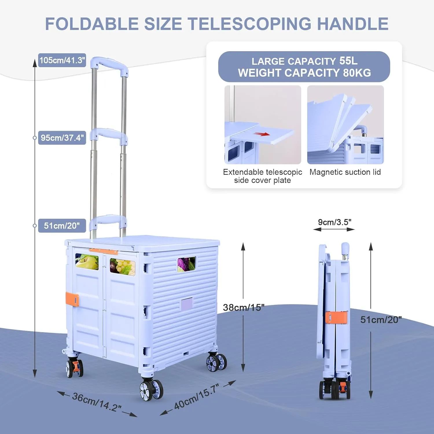 Foldable Utility Cart Folding Portable Rolling Crate with Magnetic Extended Lid,360°Rotate Wheels,176LBS Load Capacity,Heavy Duty Durable Dolly Cart for Teacher Tourist Shopping Office Outdoor