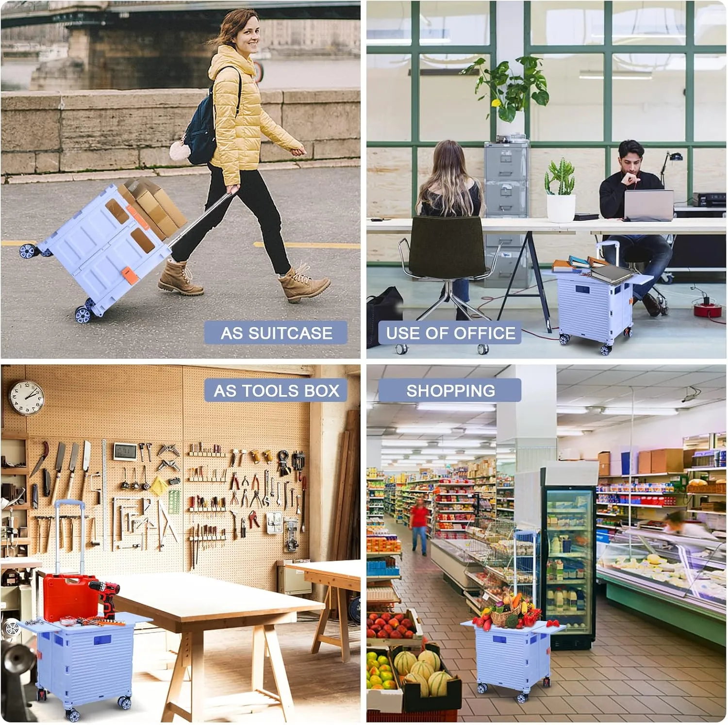 Foldable Utility Cart Folding Portable Rolling Crate with Magnetic Extended Lid,360°Rotate Wheels,176LBS Load Capacity,Heavy Duty Durable Dolly Cart for Teacher Tourist Shopping Office Outdoor
