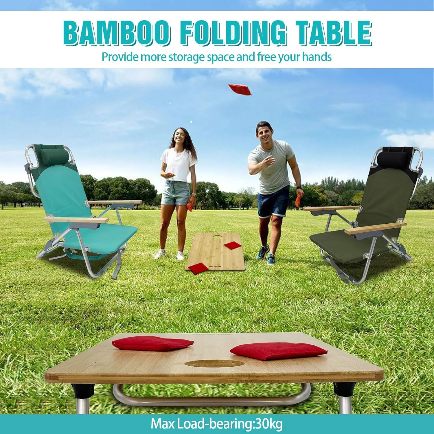 Folding Backpack Beach Chair Aluminum 5-Position with Samll Camping Table Bamboo Lay Flat Lounge Chair Outdoor for Adults with Insulated Cooler Bag
