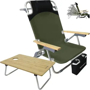 Folding Backpack Beach Chair Aluminum 5-Position with Samll Camping Table Bamboo Lay Flat Lounge Chair Outdoor for Adults with Insulated Cooler Bag
