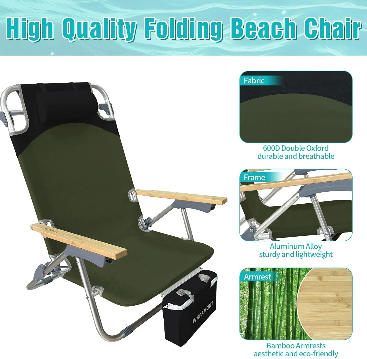 Folding Backpack Beach Chair Aluminum 5-Position with Samll Camping Table Bamboo Lay Flat Lounge Chair Outdoor for Adults with Insulated Cooler Bag