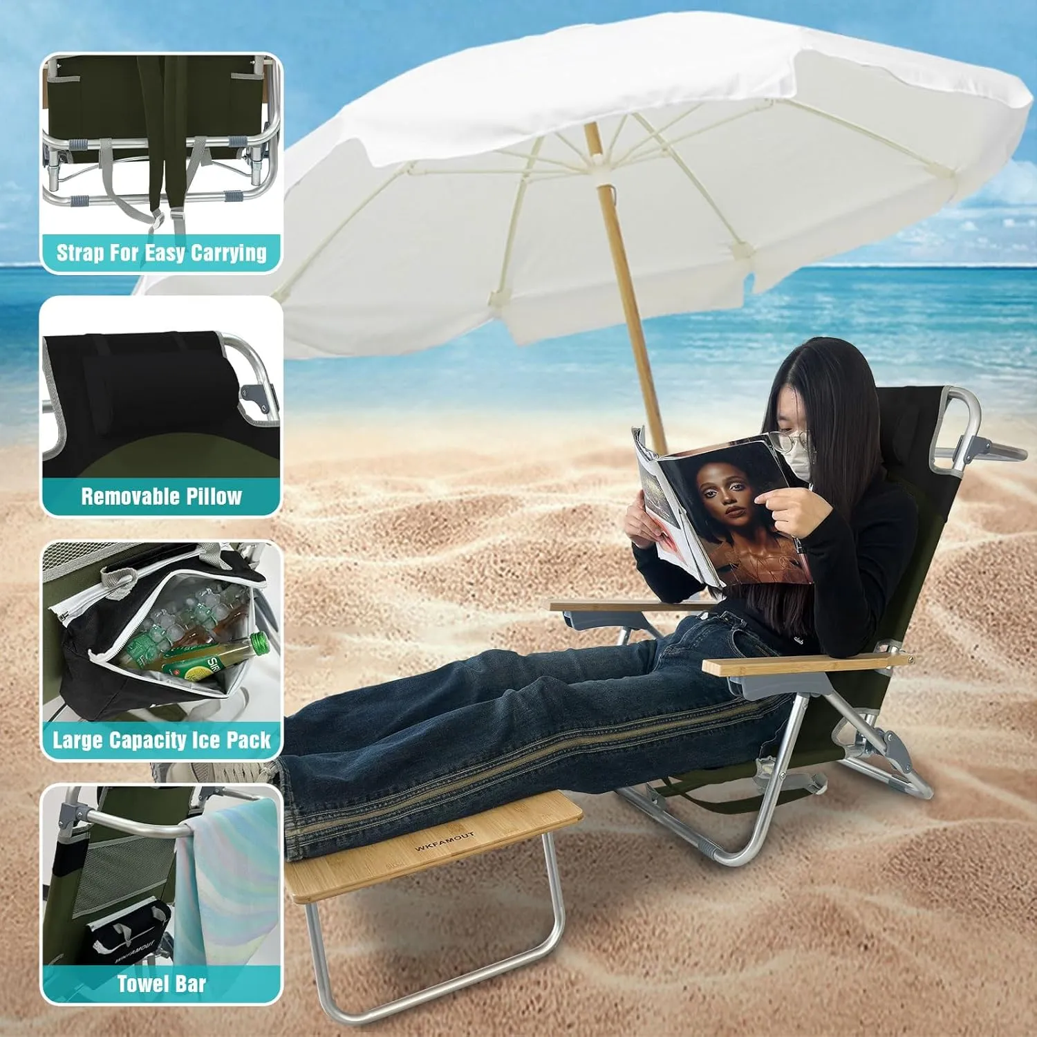 Folding Backpack Beach Chair Aluminum 5-Position with Samll Camping Table Bamboo Lay Flat Lounge Chair Outdoor for Adults with Insulated Cooler Bag