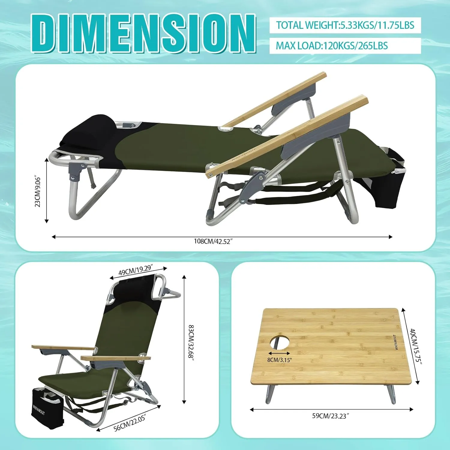 Folding Backpack Beach Chair Aluminum 5-Position with Samll Camping Table Bamboo Lay Flat Lounge Chair Outdoor for Adults with Insulated Cooler Bag